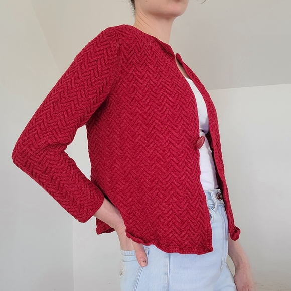 Vintage - Red cotton knit cardigan/Sweater - Picture 4 of 14